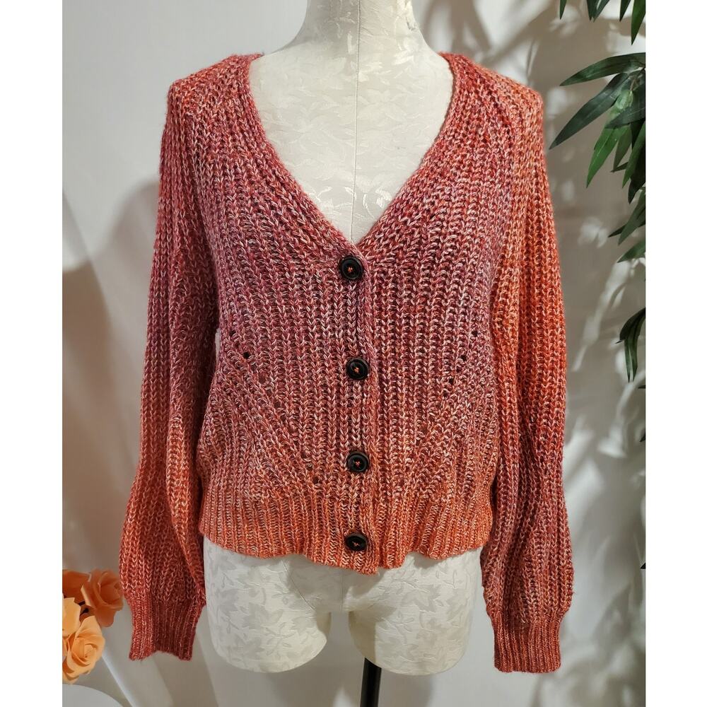 New Natural Reflections Space Dye Cardigan Sweater Size S Chunky Knit Red Orange